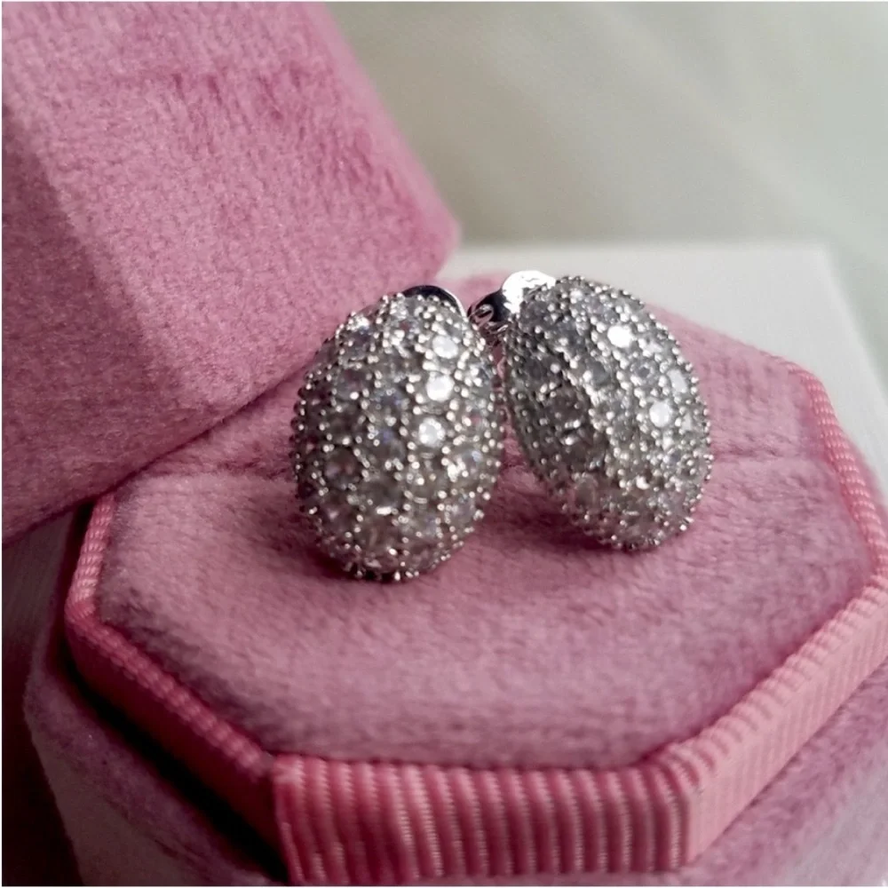 Swarovski Elements 925 Sterling Silver Puffy Pave Stud Earrings NEW